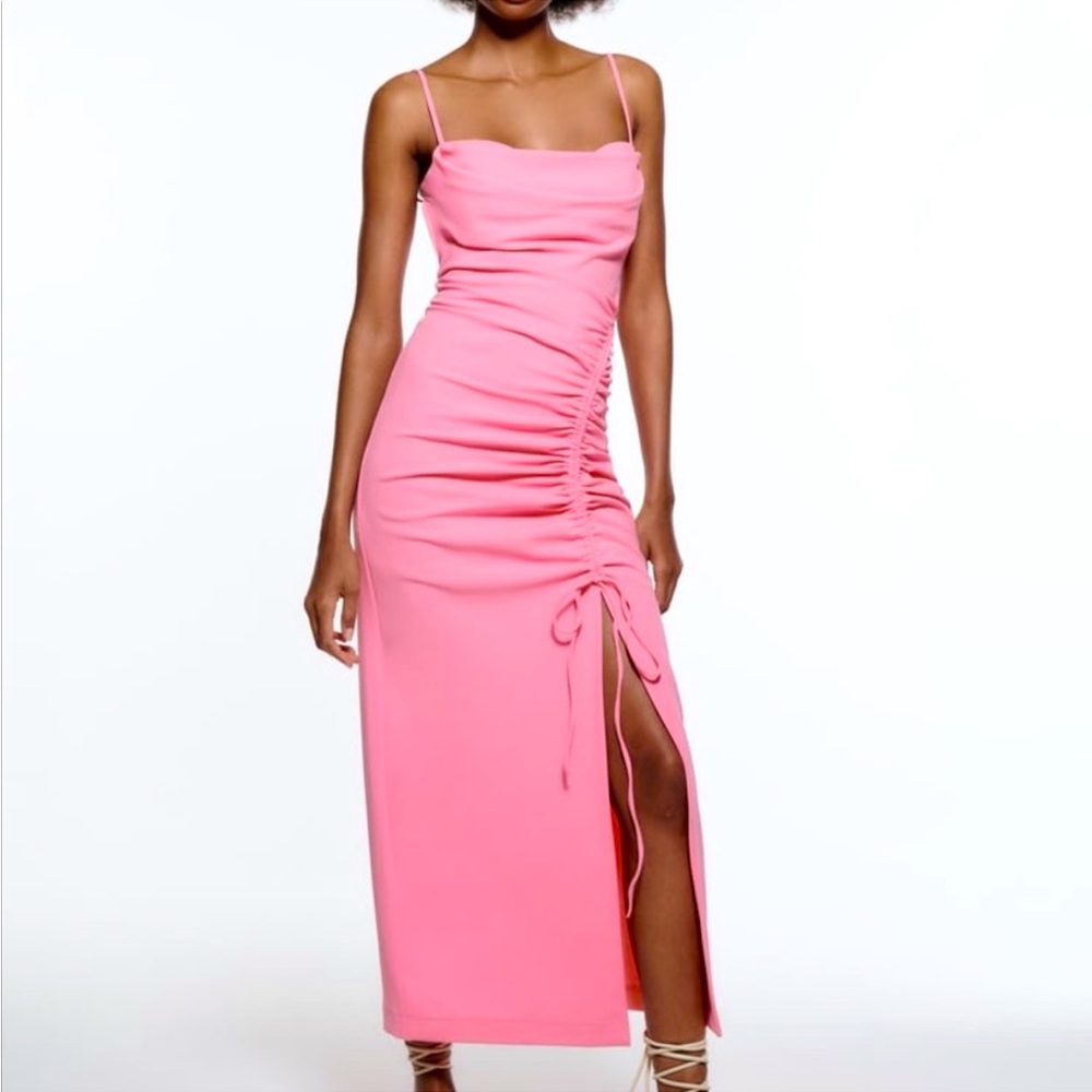 ZARA PINK RUCHED MIDI DRESS